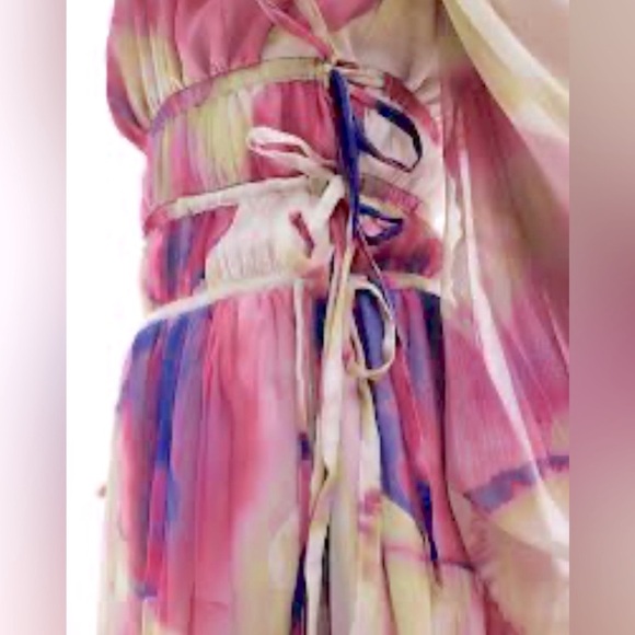 ASOS DESIGN Long Sleeve Pleated Drawstring Bodice Maxi Dress Watercolor Chiffon - Picture 8 of 10